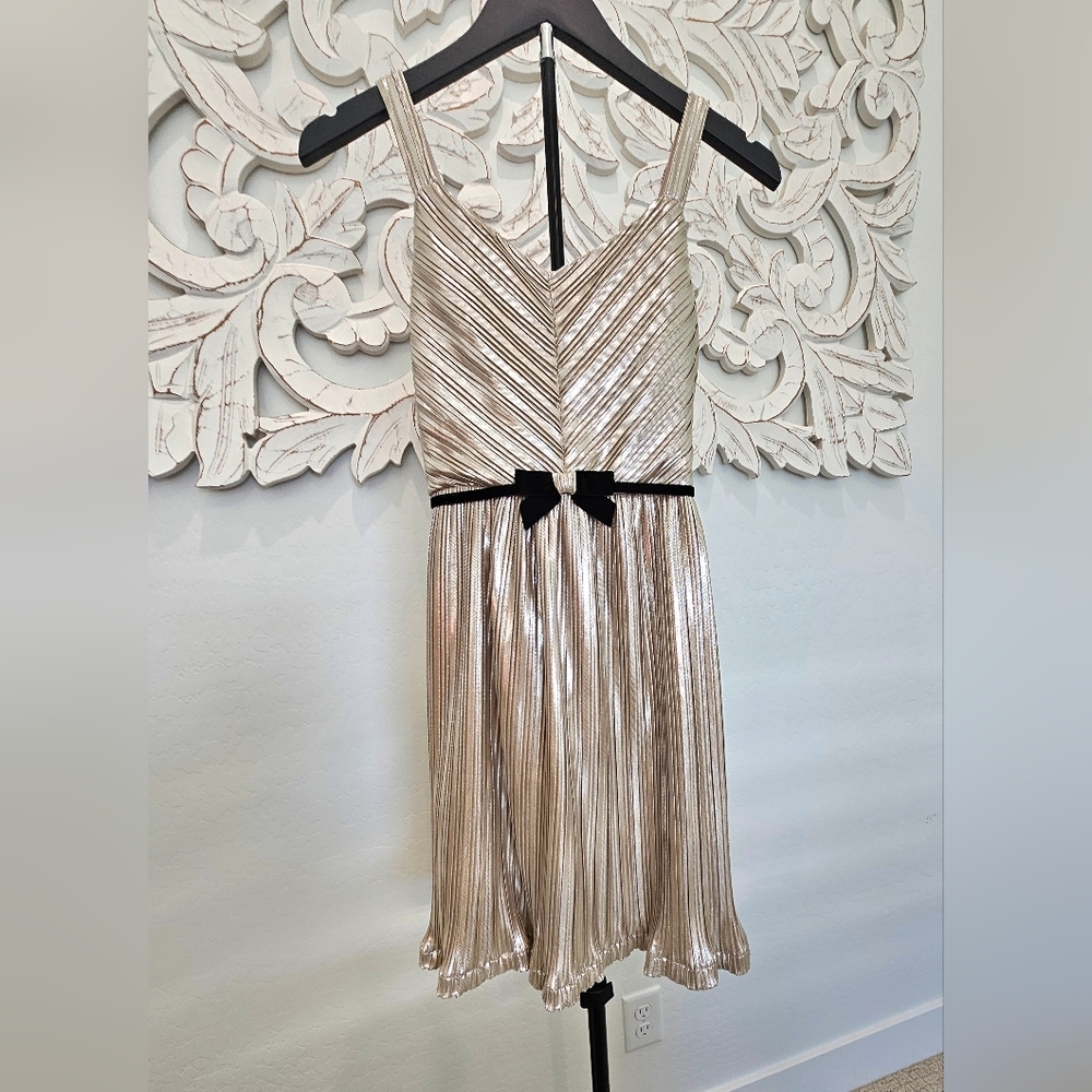 NWT Bonnie Jean Formal Gold Pleated Dress with Black Bow Girls Size 16